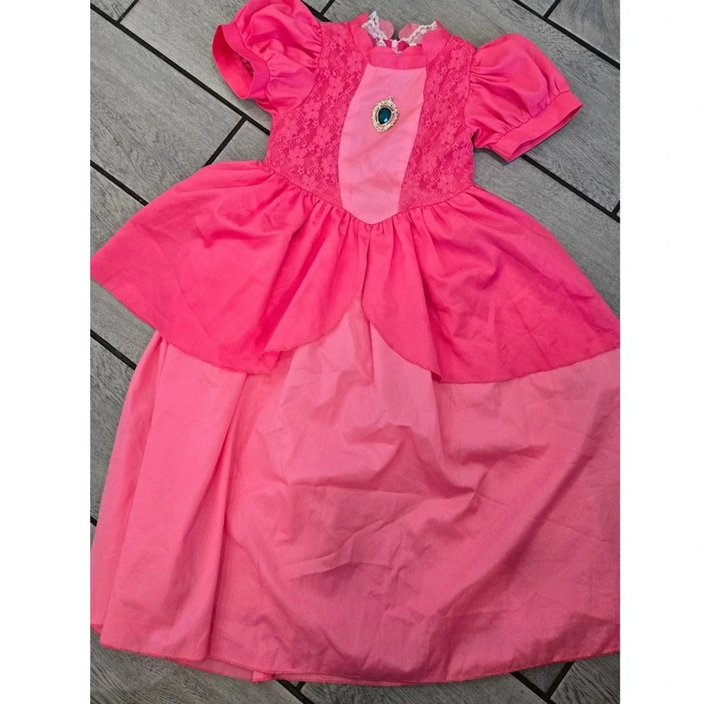 Pink Princess Peach Costume Dress Girls Size 120 Lace Bodice Teal Gem Brooch